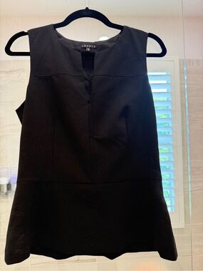 Theory Black Peplum Sleeveless Shift Top with Front Notch and side zip